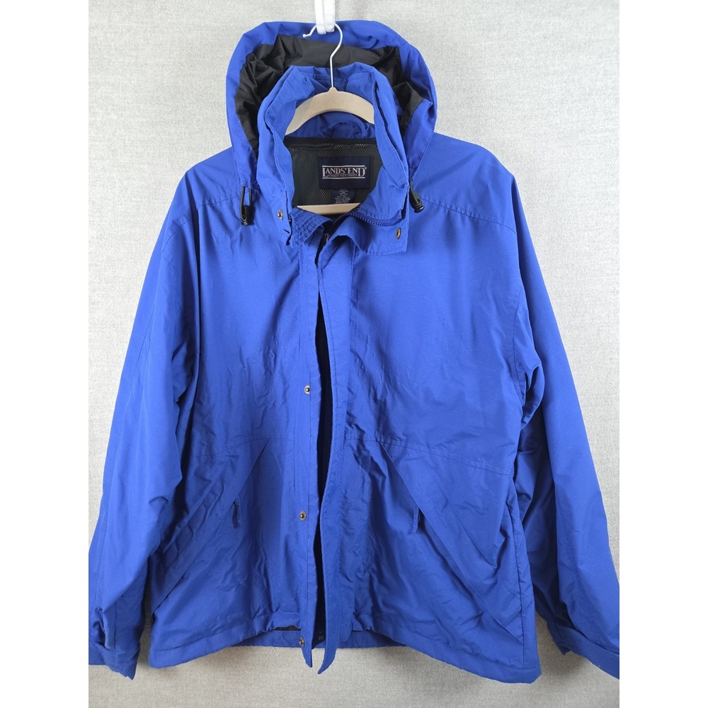 Lands End Mens M Nylon Rain Jacket Vintage Gore Tex Hooded Full Zip Blue Retro